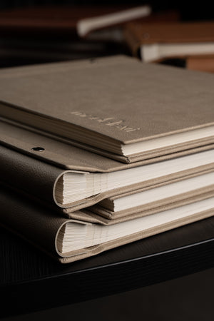 Close up of the Madelavi beige photo albums.